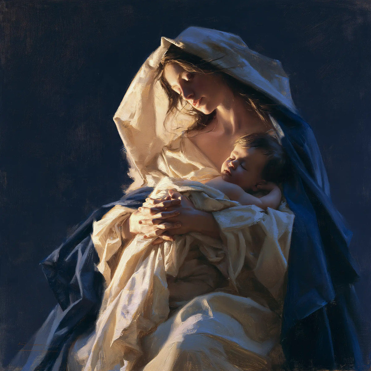 the Virgin Mary and the Child Jesus in Midnight Blue Chiaroscuro style, square Christian artwork no. 1