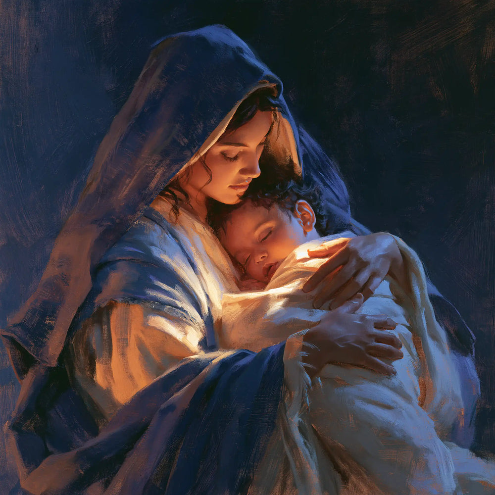the Virgin Mary and the Child Jesus in Midnight Blue Chiaroscuro style, square Christian artwork no. 4