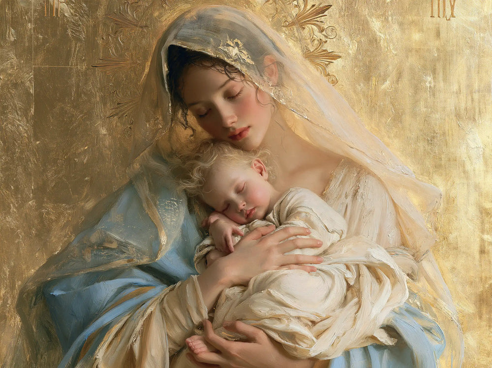 the Virgin Mary with the Child Jesus in Sacred Gold style, landscape Christian artwork no. 4