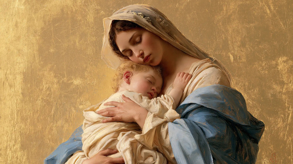the Virgin Mary with the Child Jesus in Sacred Gold style, landscape Christian artwork no. 7