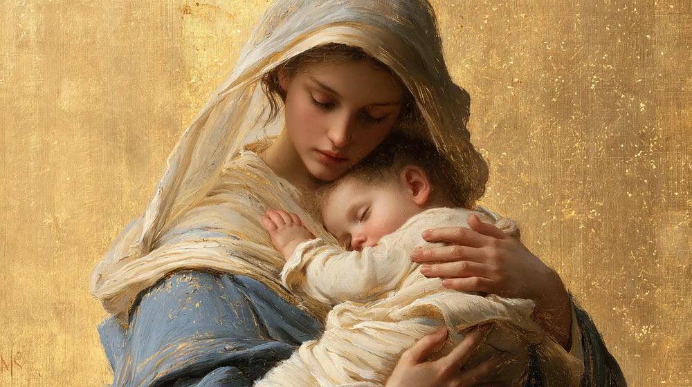 the Virgin Mary with the Child Jesus in Sacred Gold style, landscape Christian artwork no. 8