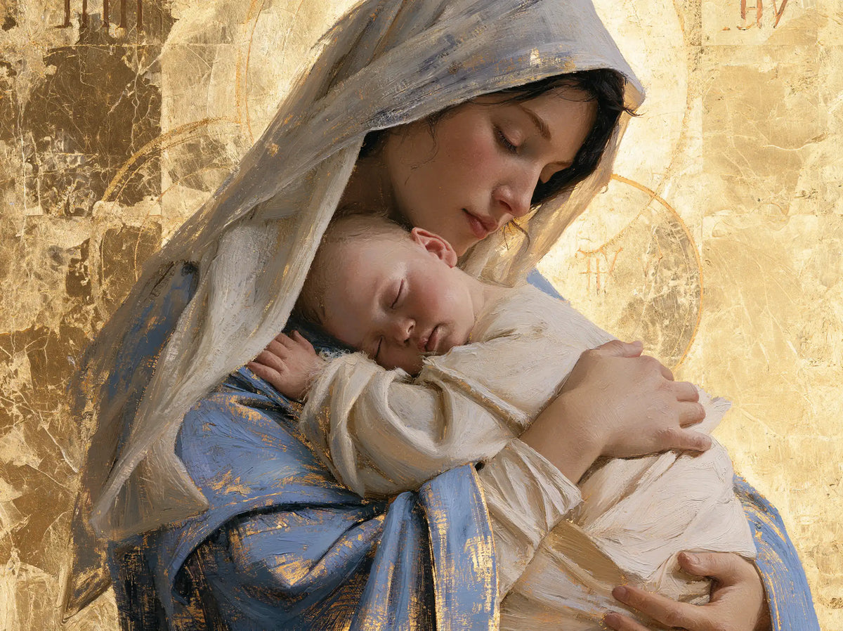the Virgin Mary with the Child Jesus in Sacred Gold style, landscape Christian artwork no. 11