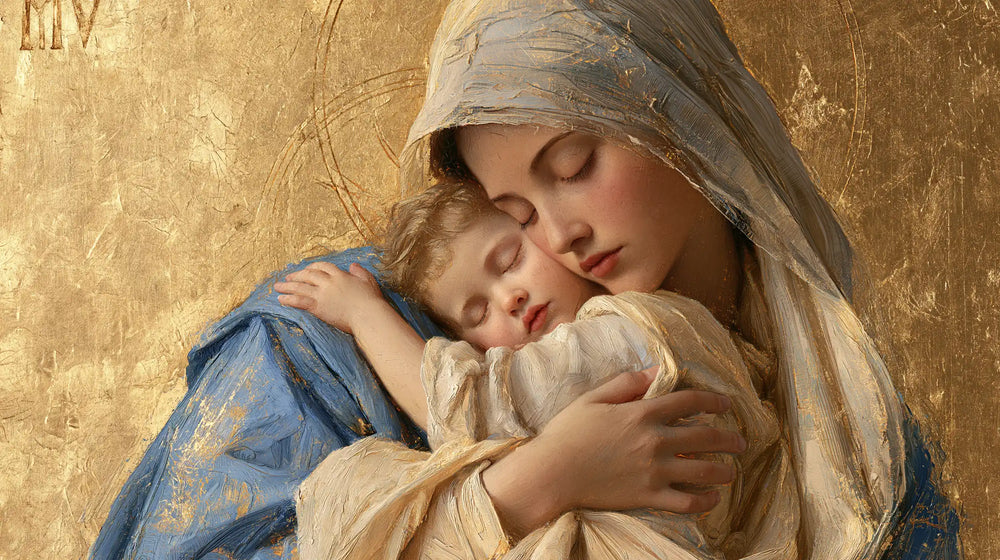 the Virgin Mary with the Child Jesus in Sacred Gold style, landscape Christian artwork no. 15