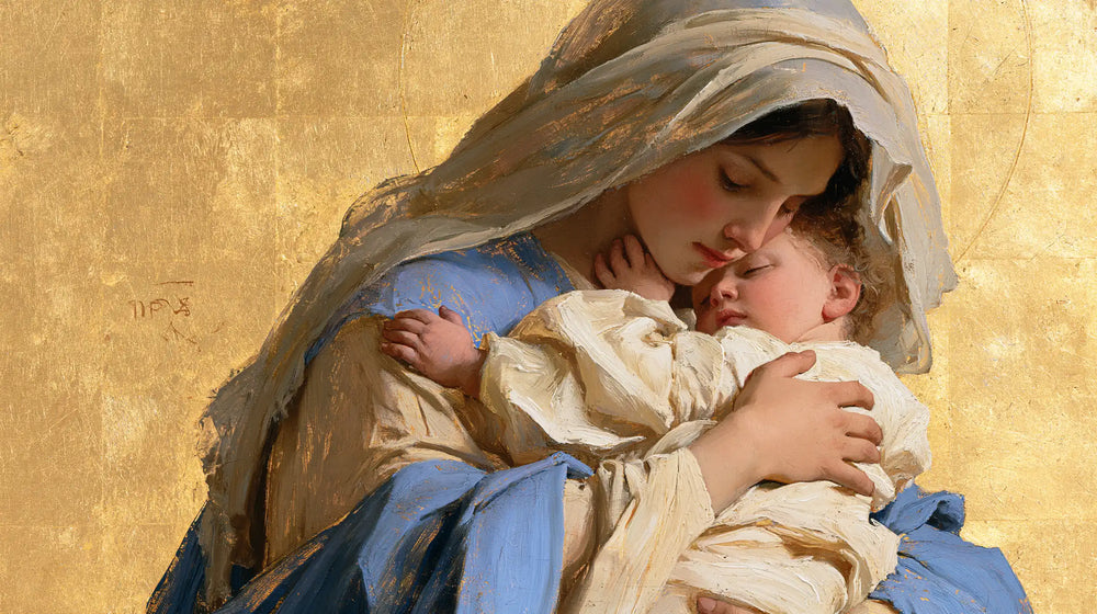 the Virgin Mary with the Child Jesus in Sacred Gold style, landscape Christian artwork no. 17
