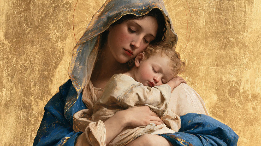 the Virgin Mary with the Child Jesus in Sacred Gold style, landscape Christian artwork no. 18
