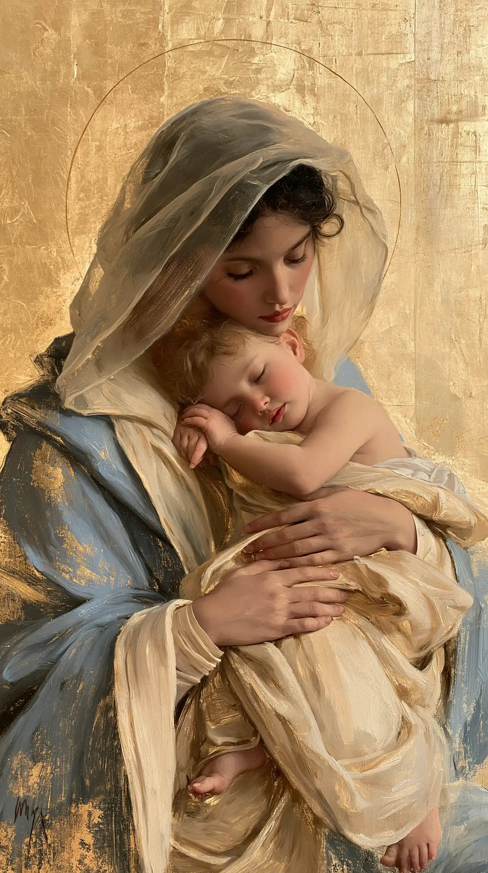 the Virgin Mary with the Child Jesus in Sacred Gold style, portrait Christian artwork no. 5