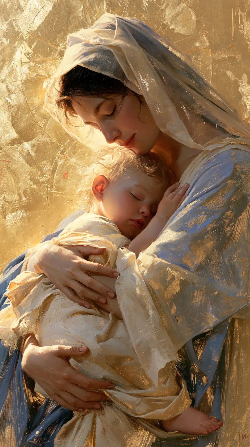 the Virgin Mary with the Child Jesus in Sacred Gold style, portrait Christian artwork no. 6