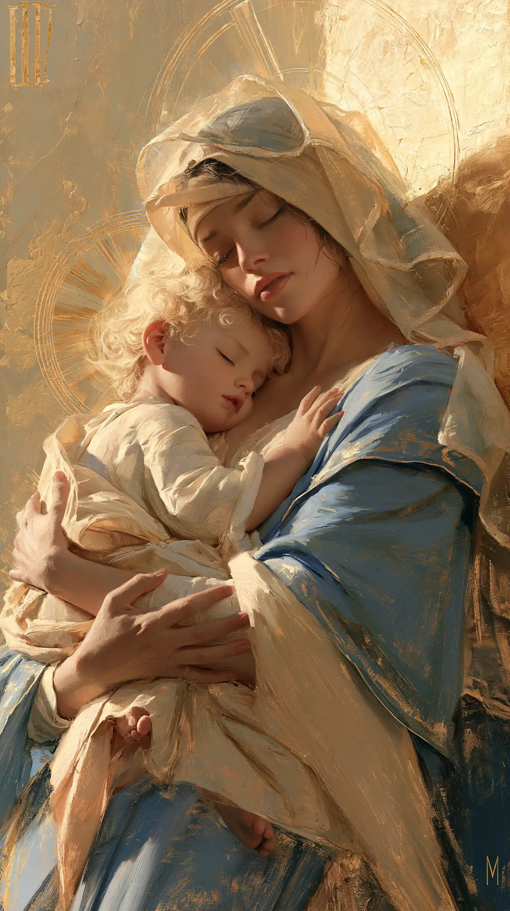 the Virgin Mary with the Child Jesus in Sacred Gold style, portrait Christian artwork no. 11