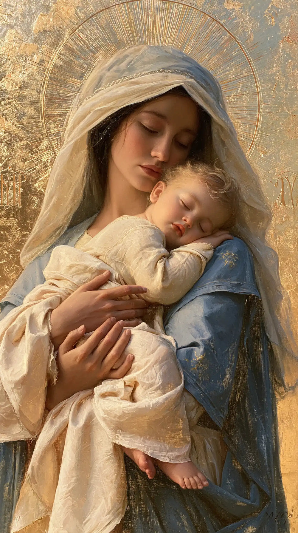 the Virgin Mary with the Child Jesus in Sacred Gold style, portrait Christian artwork no. 30