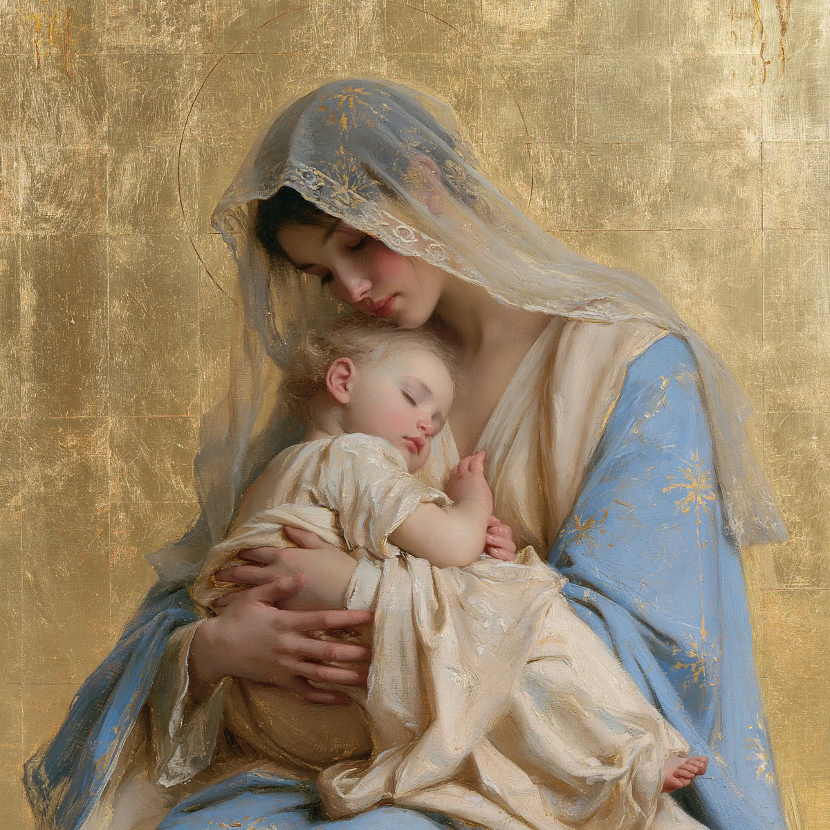 the Virgin Mary with the Child Jesus in Sacred Gold style, square Christian artwork no. 1