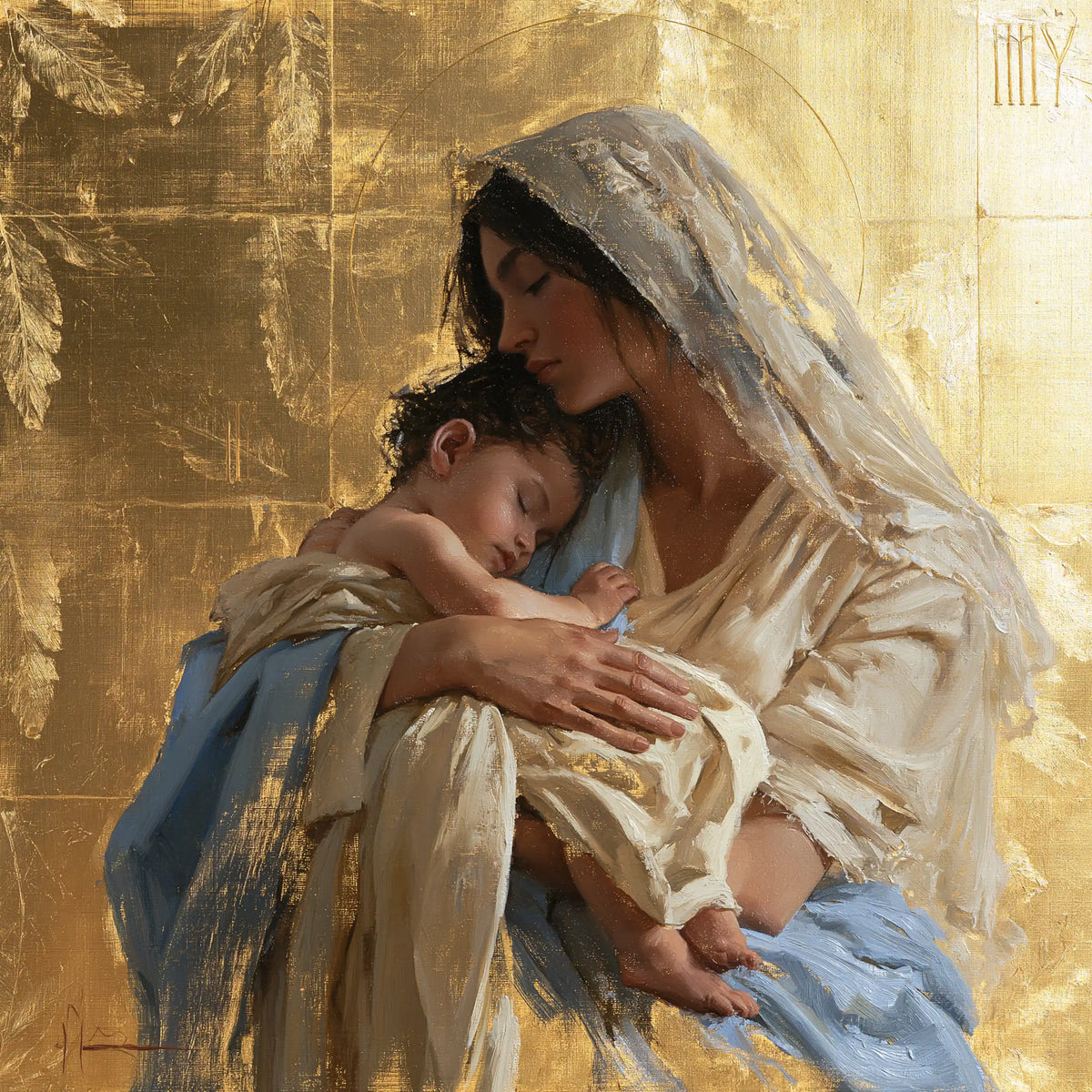 the Virgin Mary with the Child Jesus in Sacred Gold style, square Christian artwork no. 4