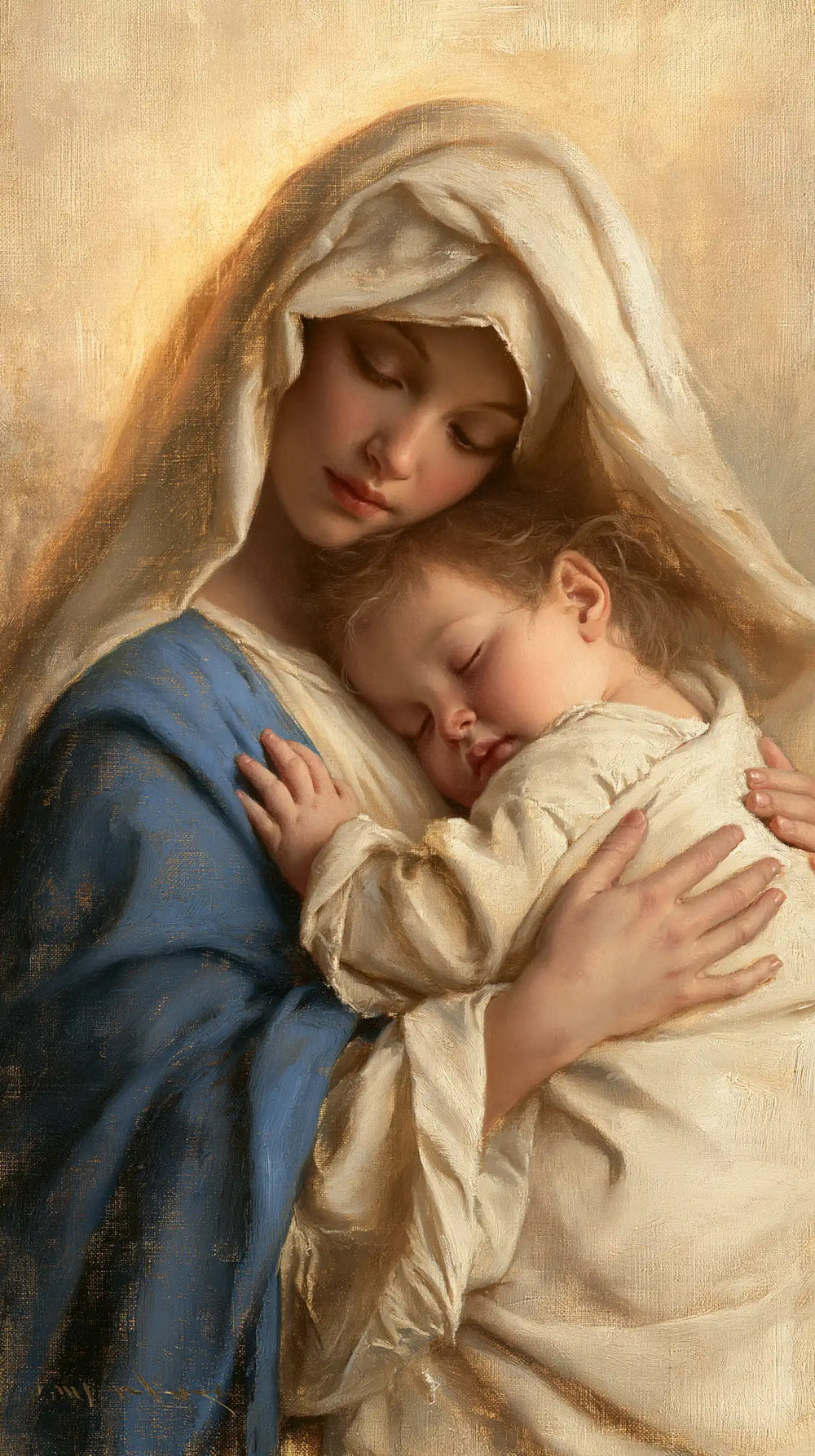 the Virgin Mary sharing a tender moment with the Child Jesus in Sacred Maternal Tenderness style, portrait Christian artwork no. 4