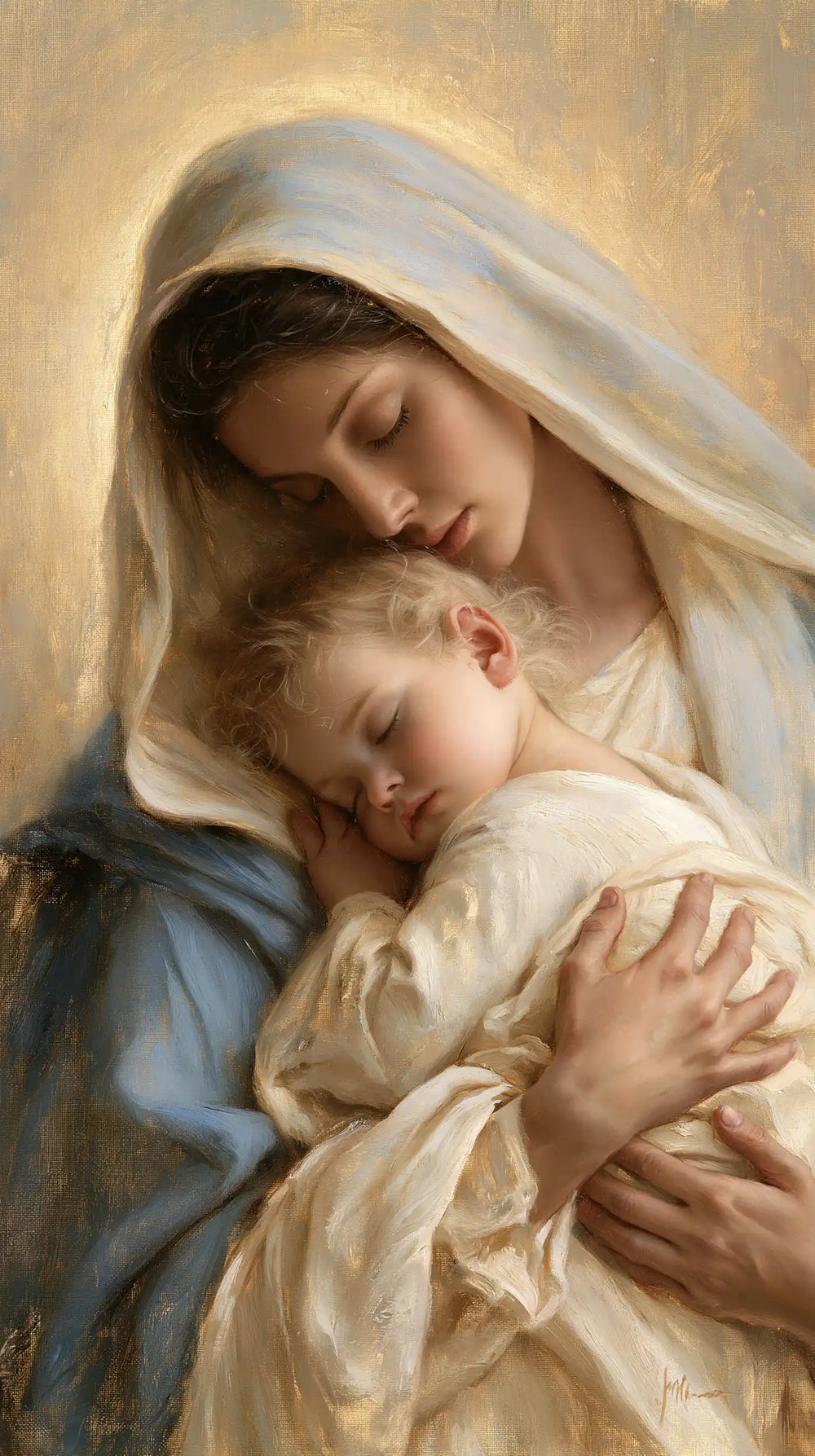 the Virgin Mary sharing a tender moment with the Child Jesus in Sacred Maternal Tenderness style, portrait Christian artwork no. 5
