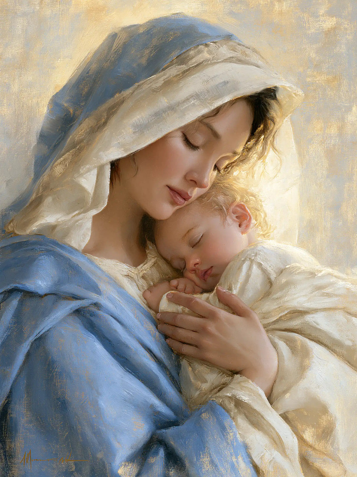 the Virgin Mary sharing a tender moment with the Child Jesus in Sacred Maternal Tenderness style, portrait Christian artwork no. 7