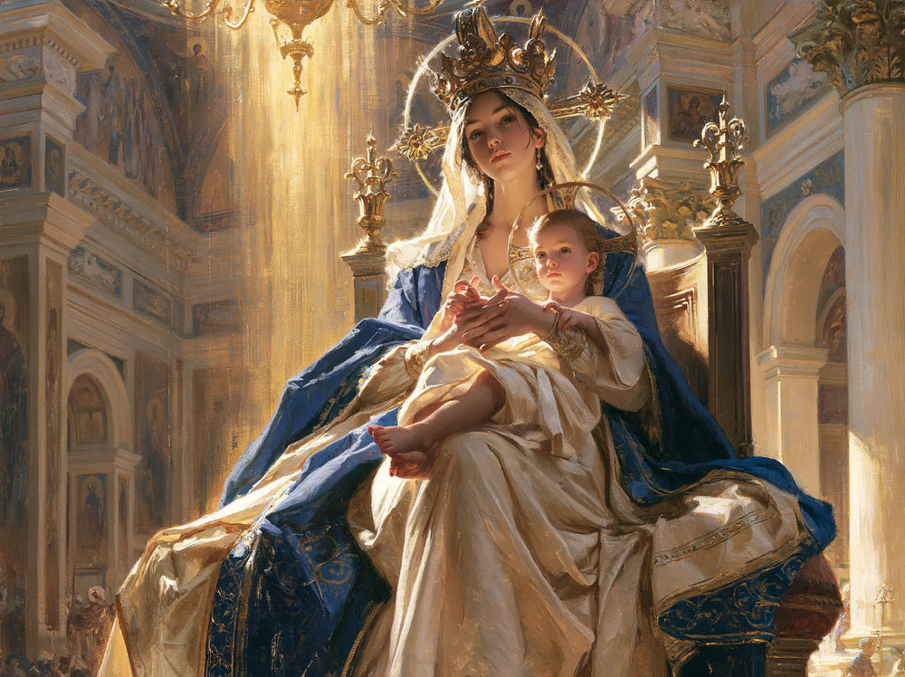 the Virgin Mary and the Child Jesus in a majestic composition in Sacred Monumental View style, landscape Christian artwork no. 2