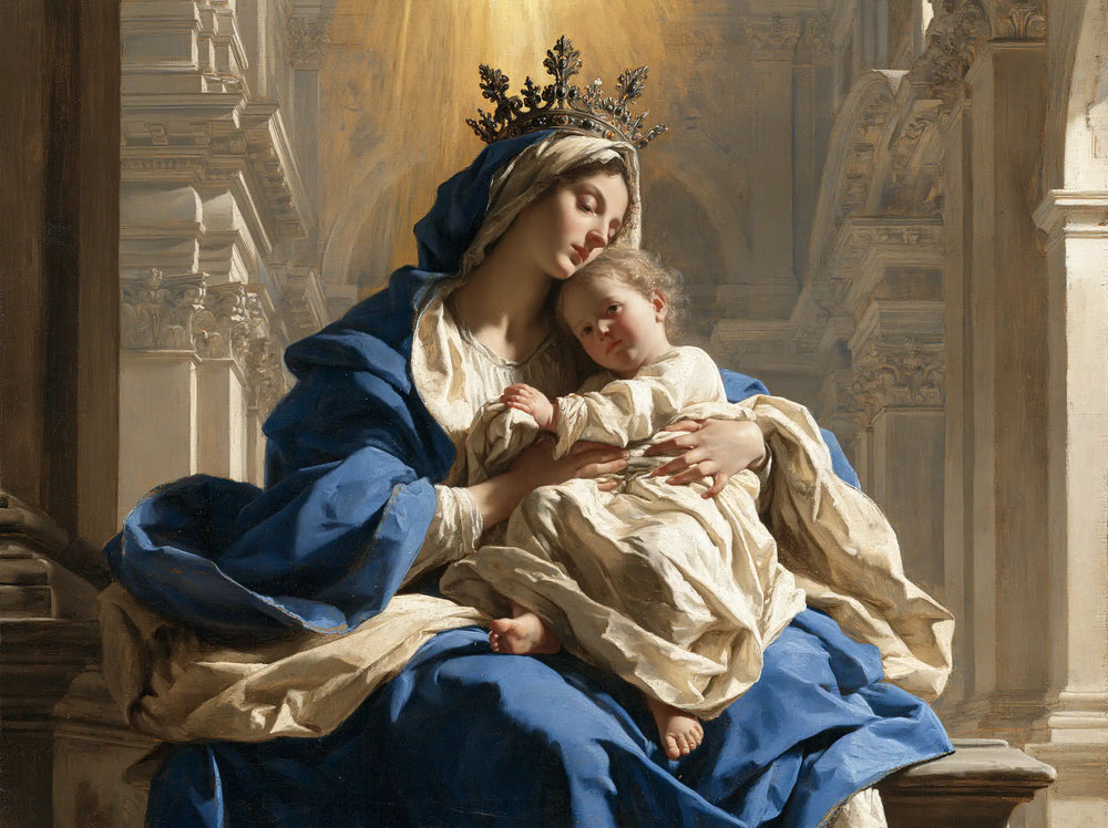 the Virgin Mary and the Child Jesus in a majestic composition in Sacred Monumental View style, landscape Christian artwork no. 4