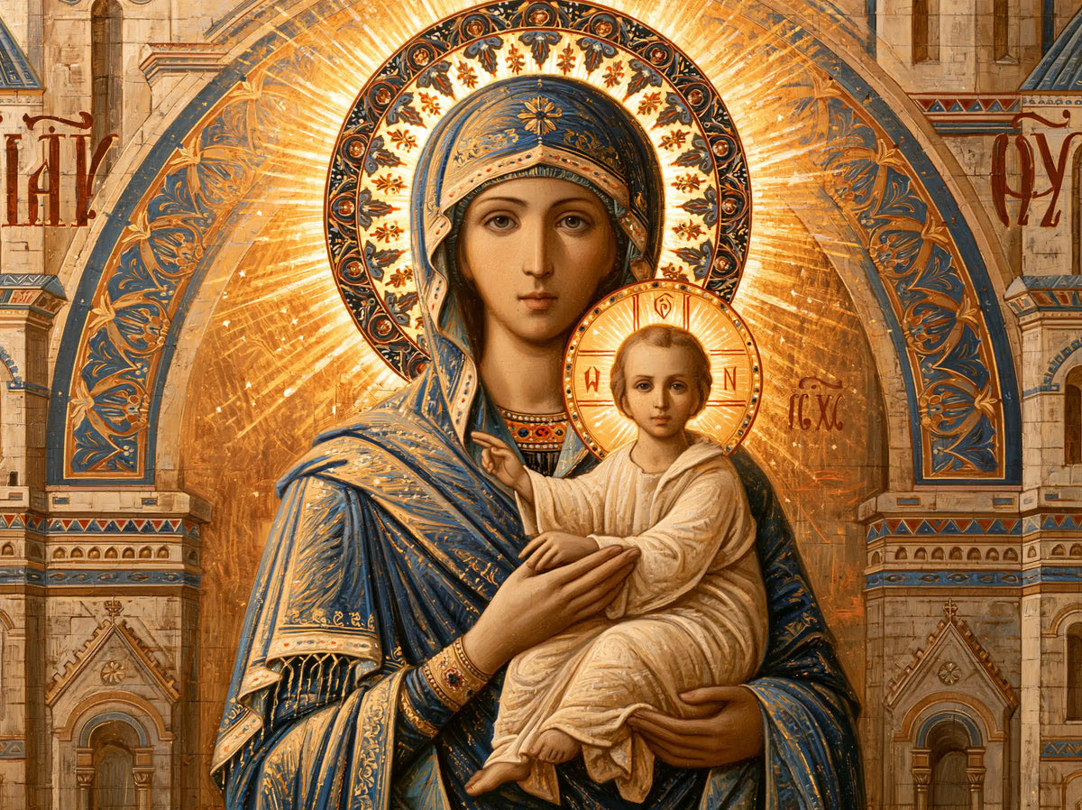 the Virgin Mary and the Child Jesus in a majestic composition in Sacred Monumental View style, landscape Christian artwork no. 5
