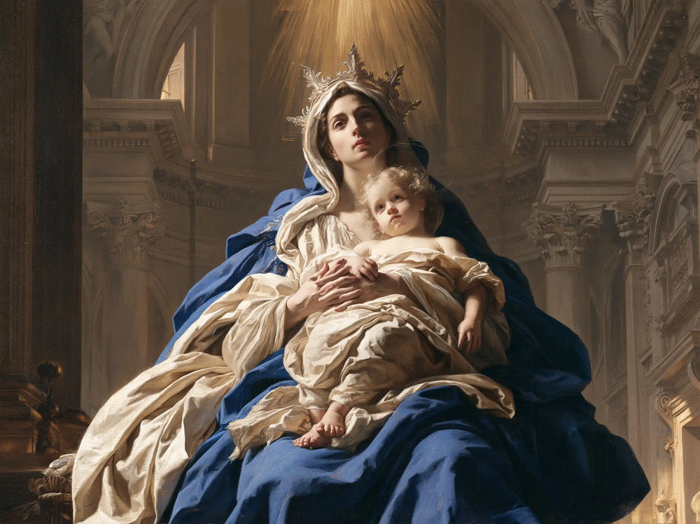 the Virgin Mary and the Child Jesus in a majestic composition in Sacred Monumental View style, landscape Christian artwork no. 8