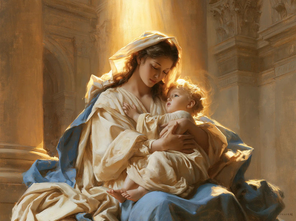 the Virgin Mary and the Child Jesus in a majestic composition in Sacred Monumental View style, landscape Christian artwork no. 9