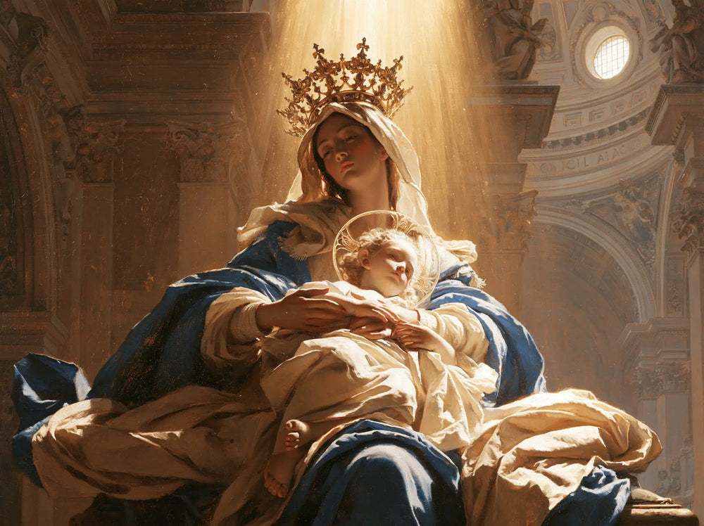 the Virgin Mary and the Child Jesus in a majestic composition in Sacred Monumental View style, landscape Christian artwork no. 10