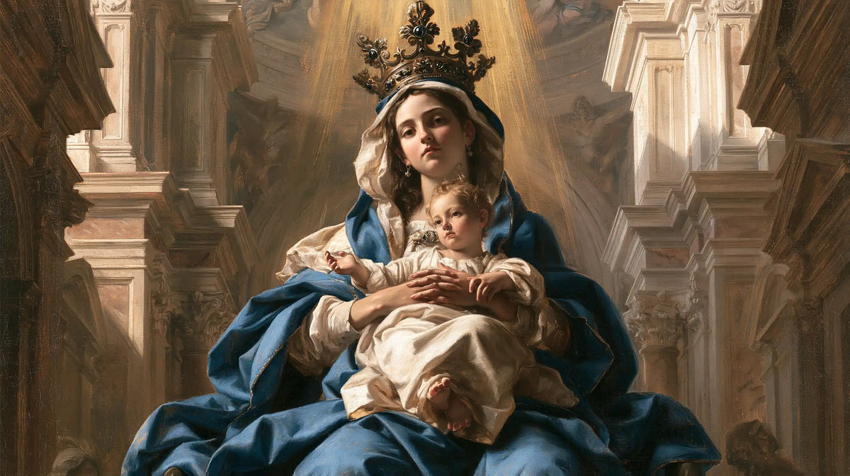 the Virgin Mary and the Child Jesus in a majestic composition in Sacred Monumental View style, landscape Christian artwork no. 14