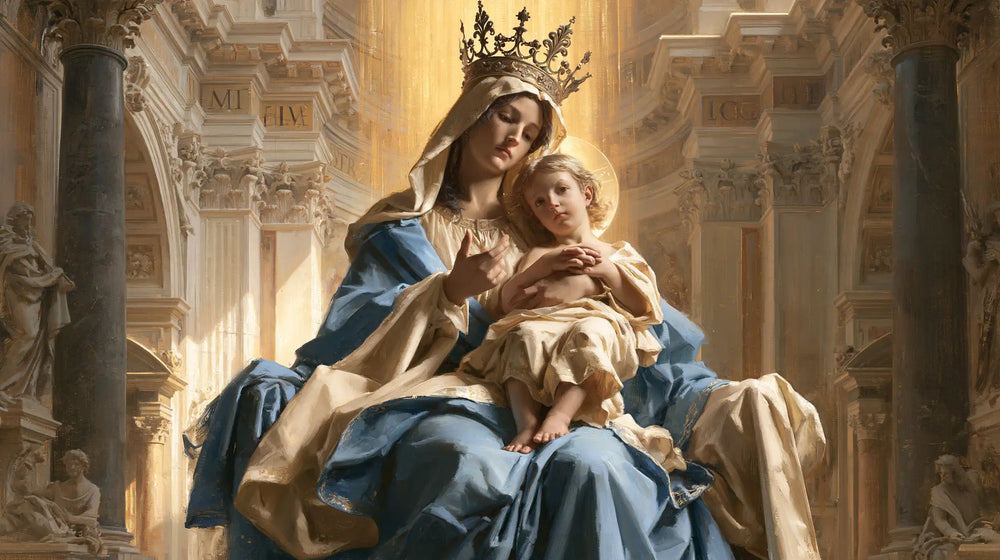 the Virgin Mary and the Child Jesus in a majestic composition in Sacred Monumental View style, landscape Christian artwork no. 15