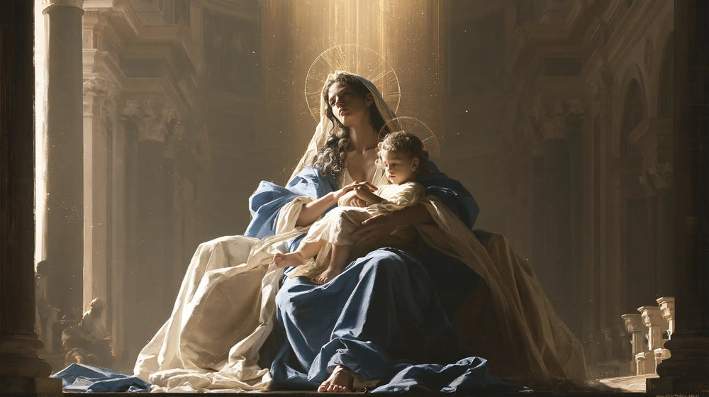 the Virgin Mary and the Child Jesus in a majestic composition in Sacred Monumental View style, landscape Christian artwork no. 16