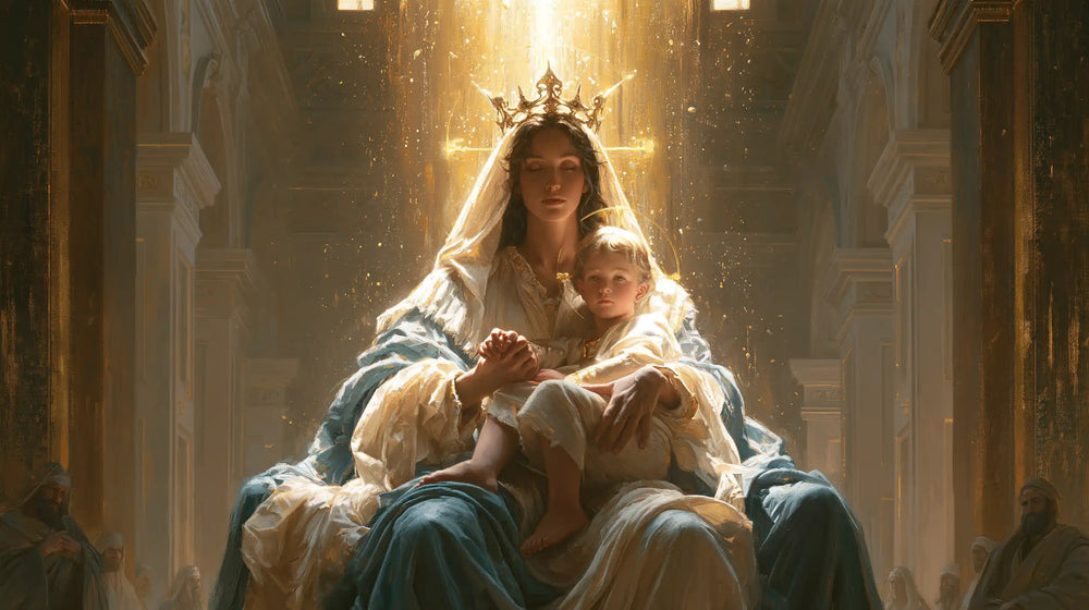 the Virgin Mary and the Child Jesus in a majestic composition in Sacred Monumental View style, landscape Christian artwork no. 17