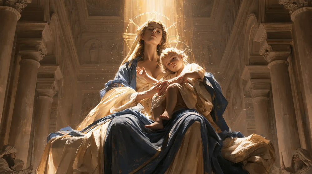 the Virgin Mary and the Child Jesus in a majestic composition in Sacred Monumental View style, landscape Christian artwork no. 18