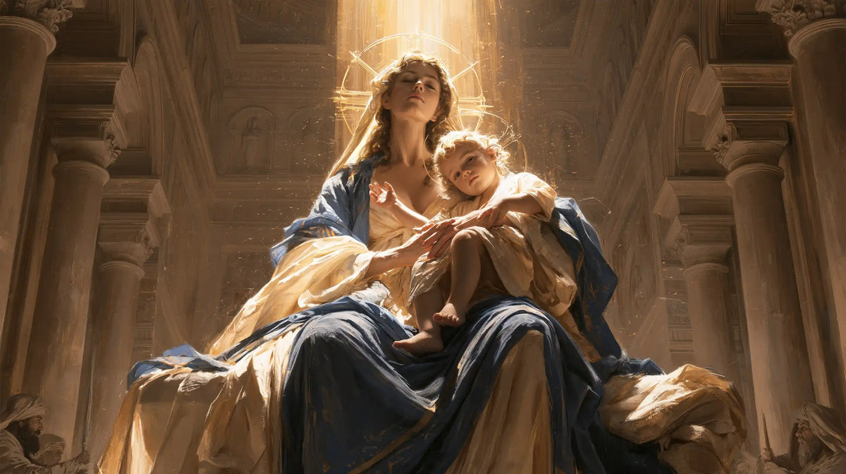 the Virgin Mary and the Child Jesus in a majestic composition in Sacred Monumental View style, landscape Christian artwork no. 18