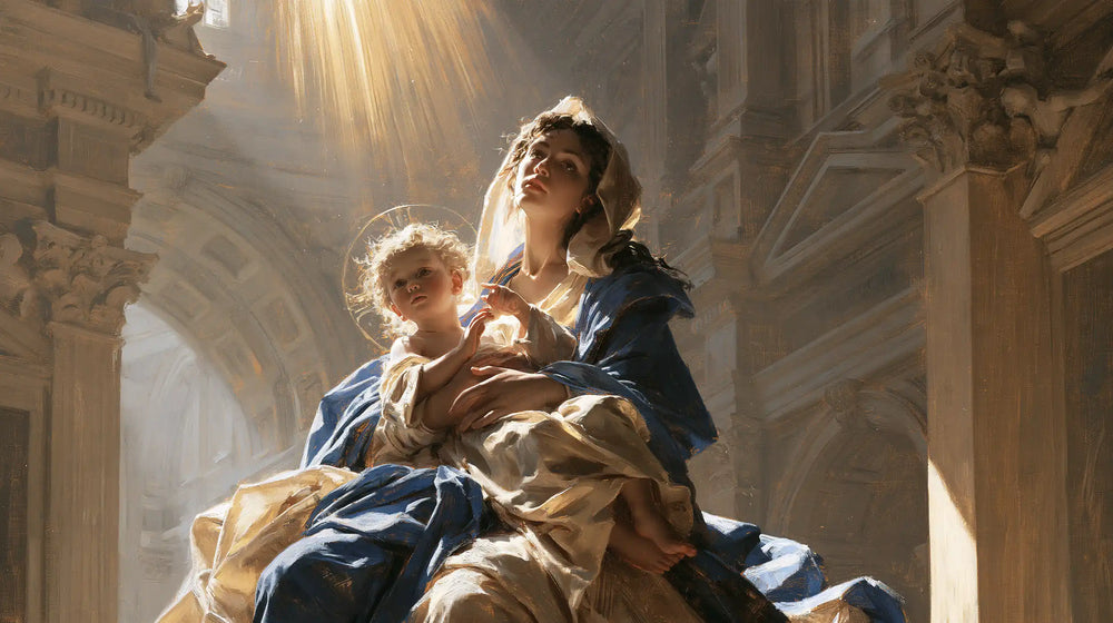 the Virgin Mary and the Child Jesus in a majestic composition in Sacred Monumental View style, landscape Christian artwork no. 19