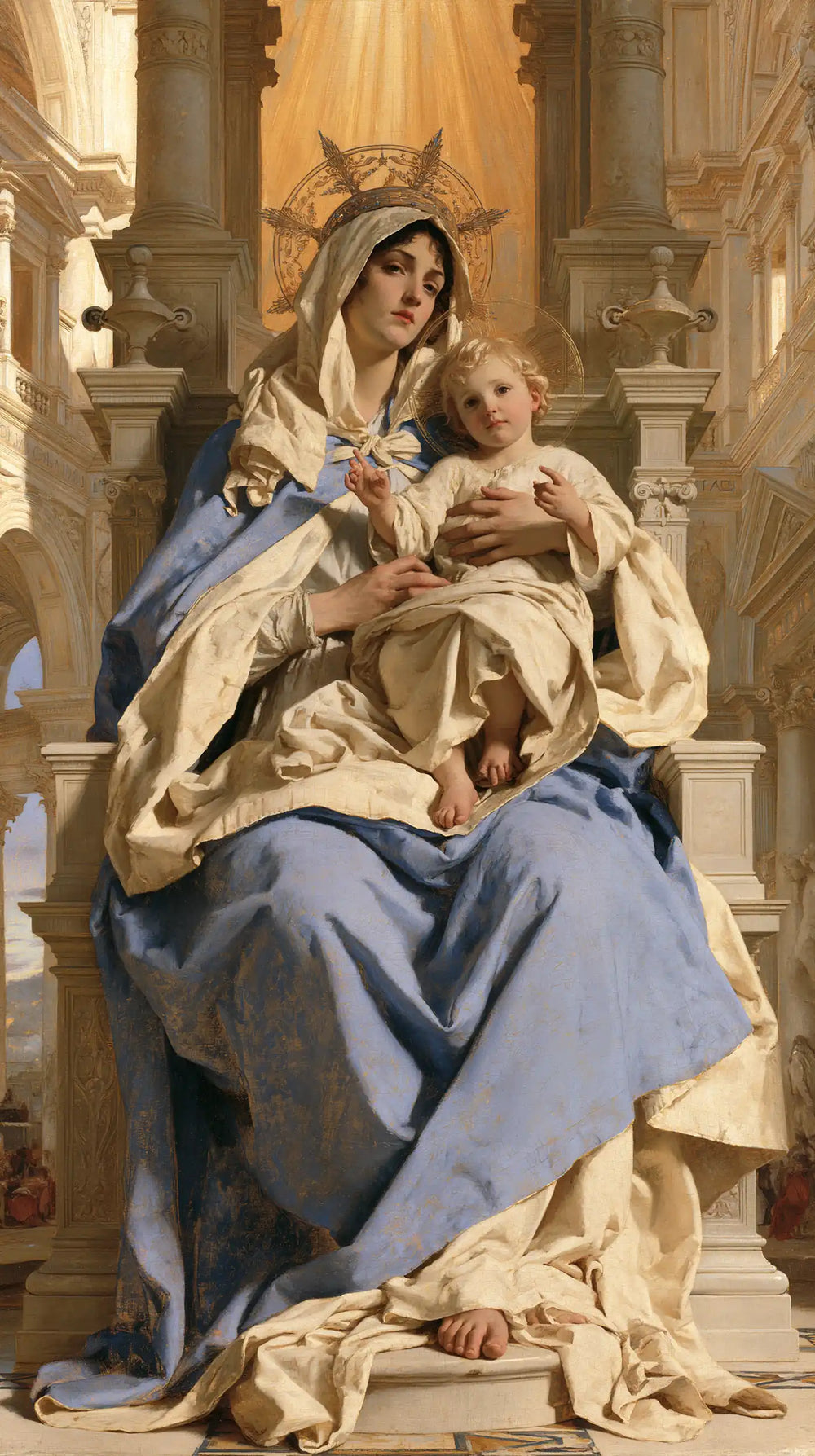 the Virgin Mary and the Child Jesus in a majestic composition in Sacred Monumental View style, portrait Christian artwork no. 3