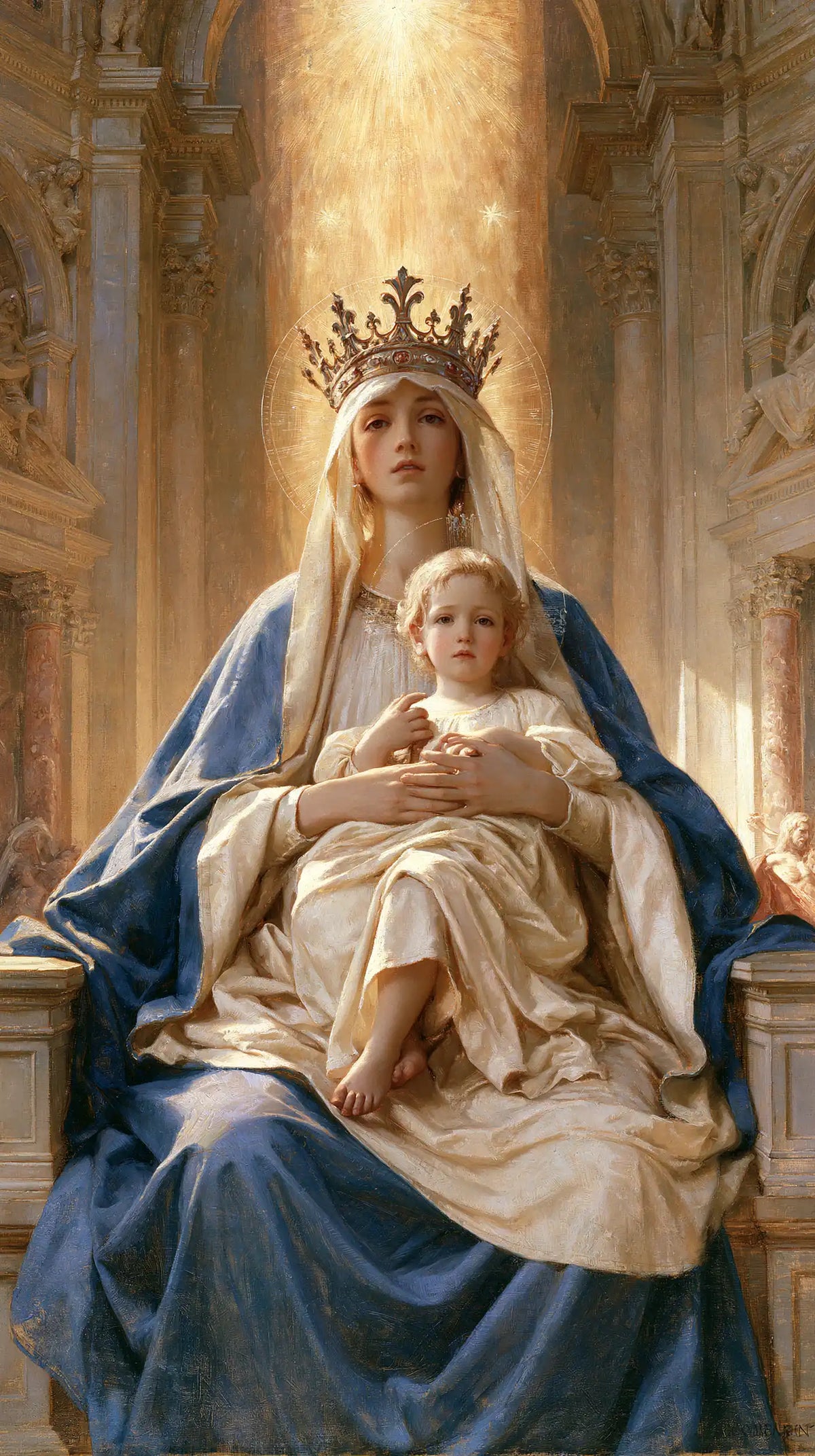 the Virgin Mary and the Child Jesus in a majestic composition in Sacred Monumental View style, portrait Christian artwork no. 5