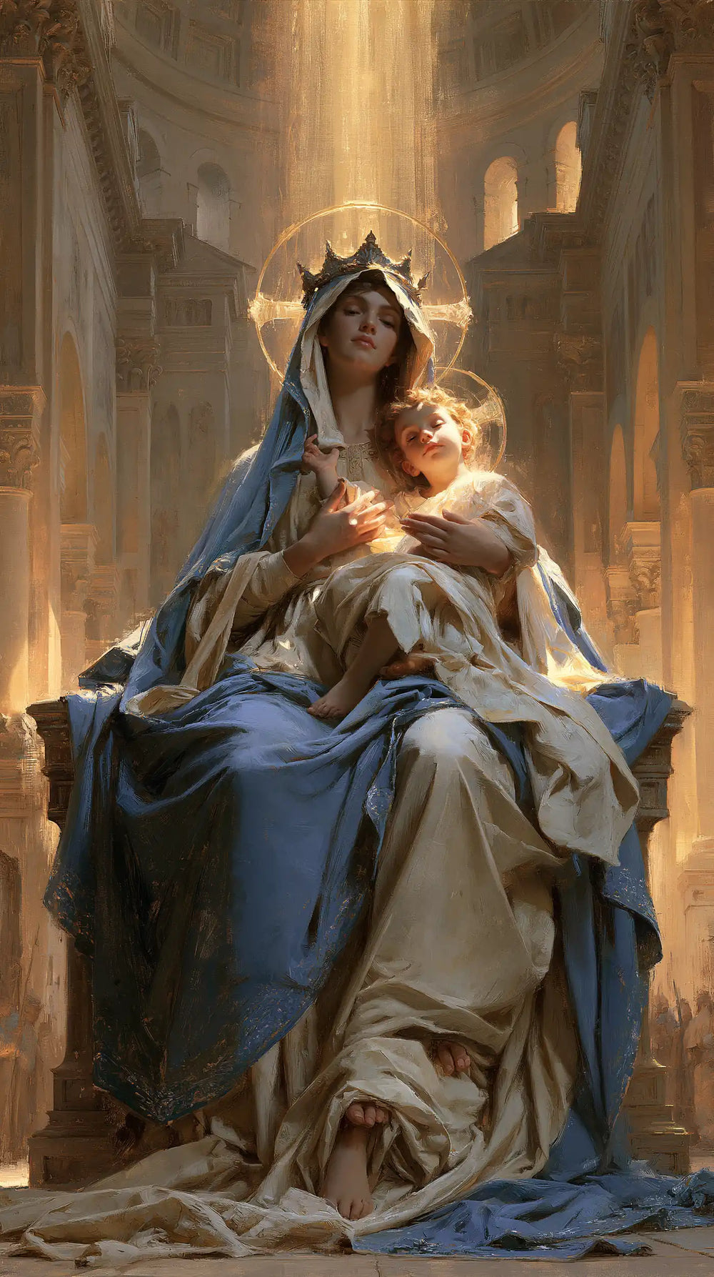 the Virgin Mary and the Child Jesus in a majestic composition in Sacred Monumental View style, portrait Christian artwork no. 6