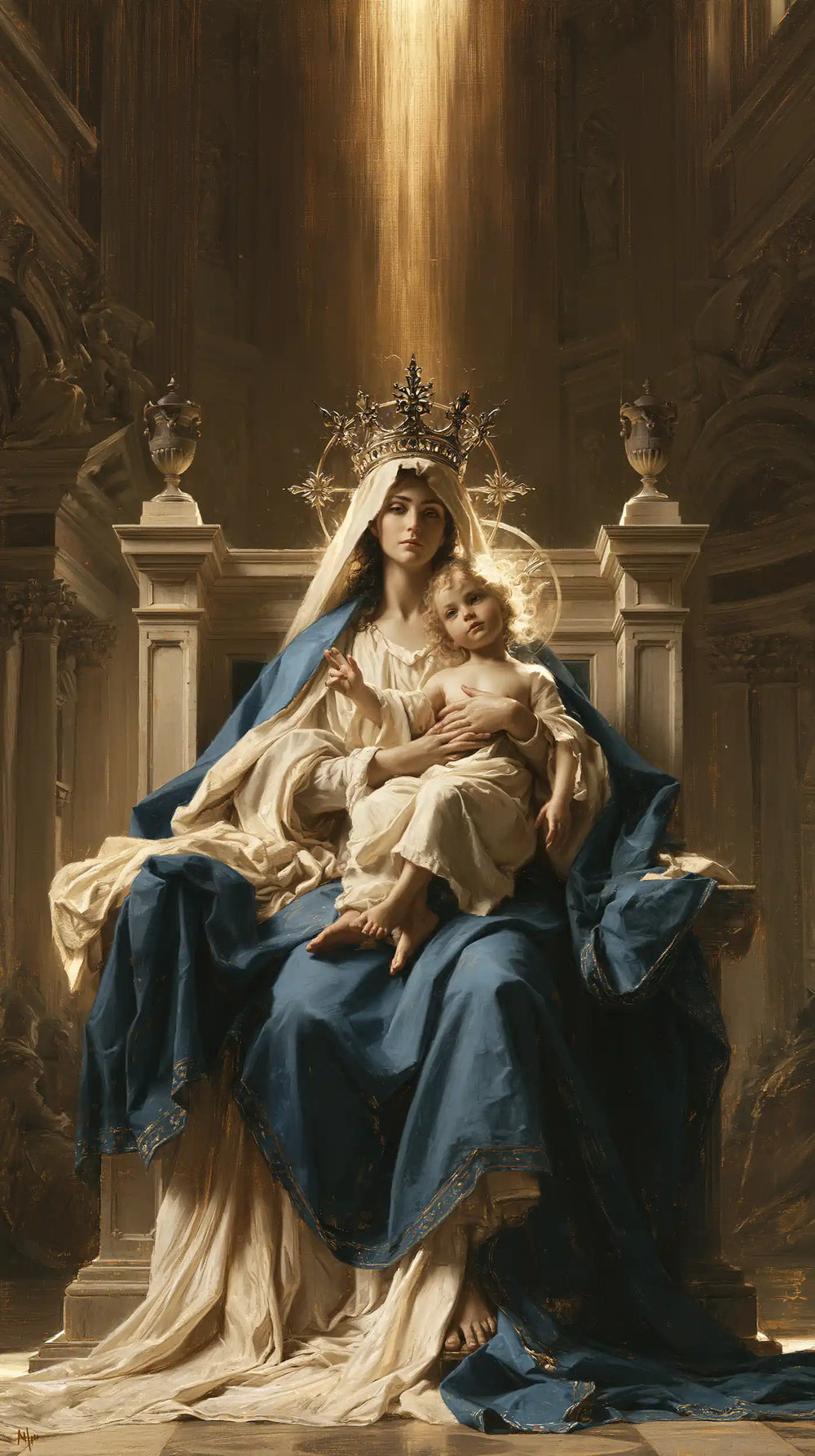 the Virgin Mary and the Child Jesus in a majestic composition in Sacred Monumental View style, portrait Christian artwork no. 9