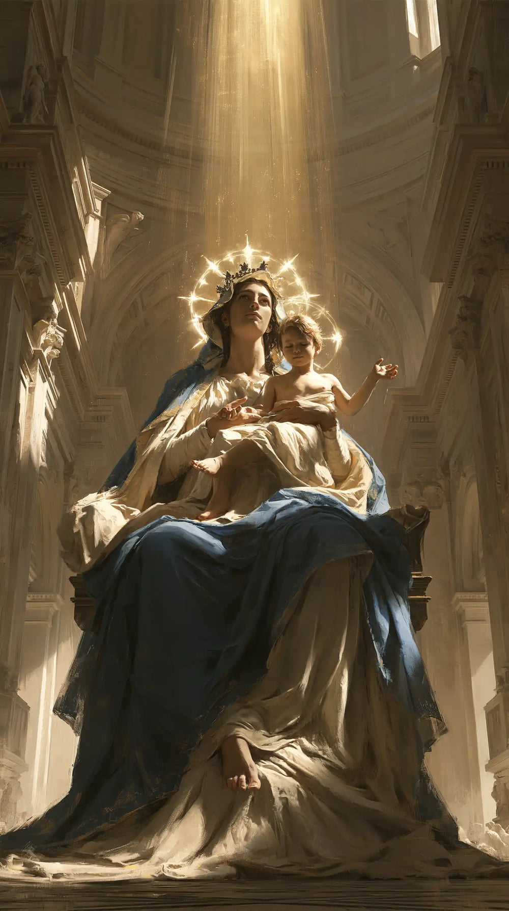 the Virgin Mary and the Child Jesus in a majestic composition in Sacred Monumental View style, portrait Christian artwork no. 11