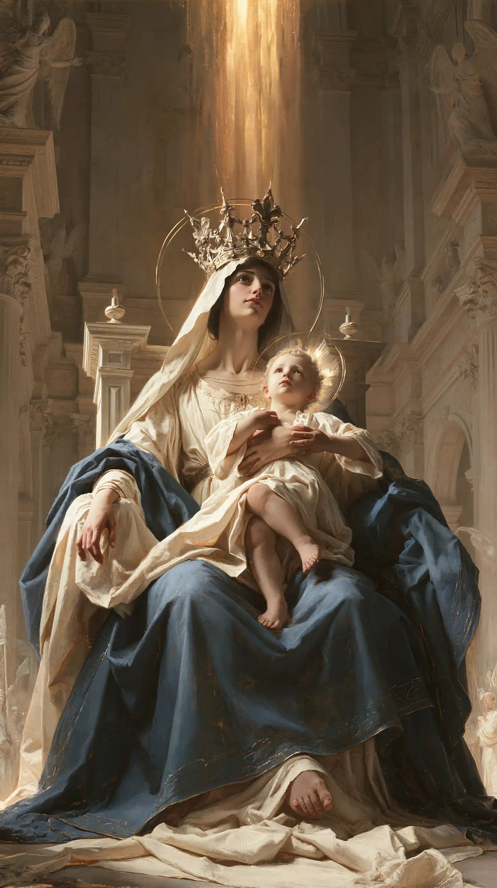 the Virgin Mary and the Child Jesus in a majestic composition in Sacred Monumental View style, portrait Christian artwork no. 14