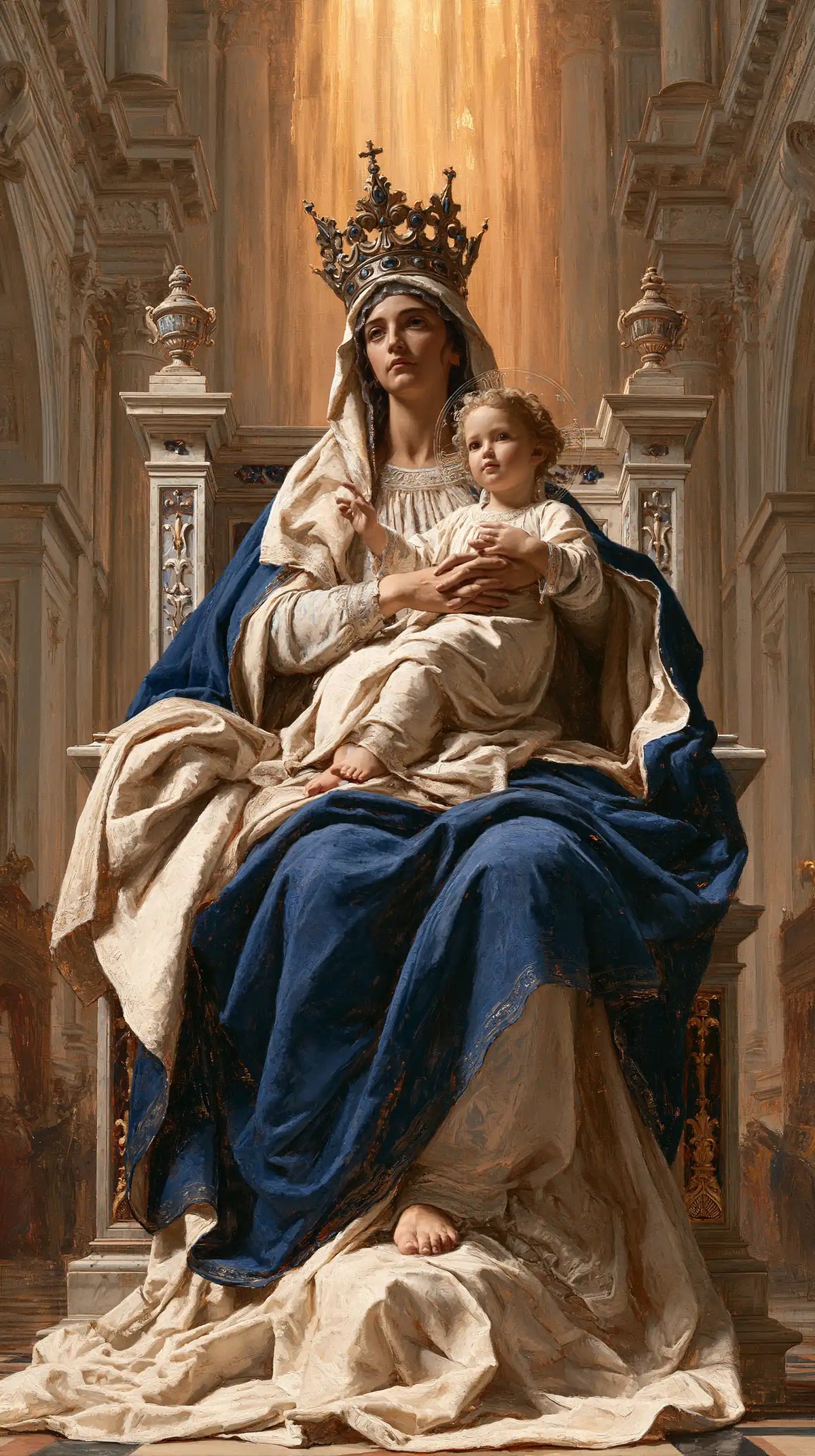the Virgin Mary and the Child Jesus in a majestic composition in Sacred Monumental View style, portrait Christian artwork no. 16