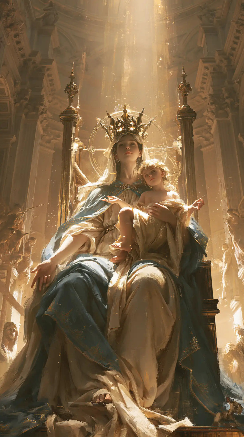 the Virgin Mary and the Child Jesus in a majestic composition in Sacred Monumental View style, portrait Christian artwork no. 20
