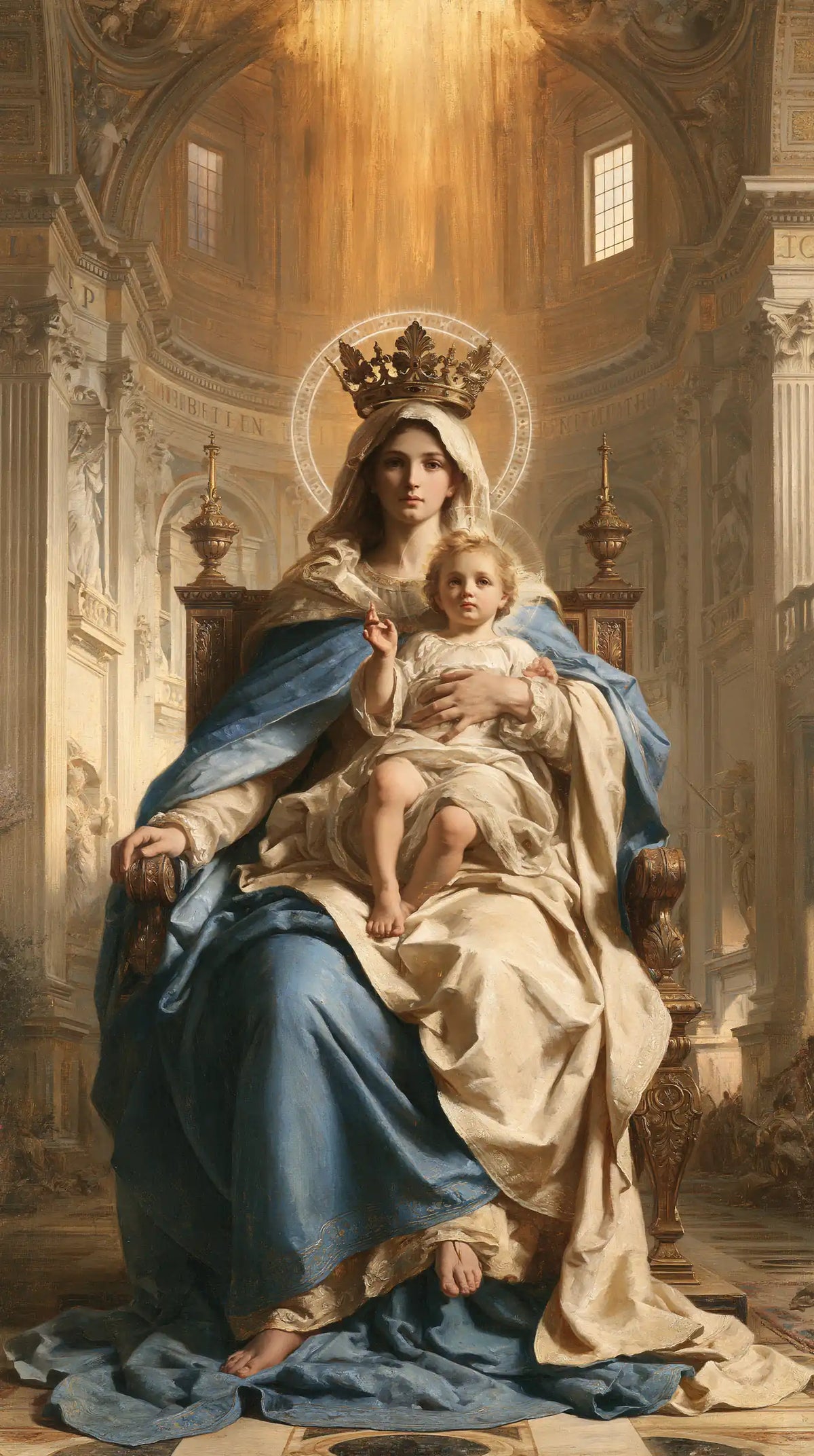 the Virgin Mary and the Child Jesus in a majestic composition in Sacred Monumental View style, portrait Christian artwork no. 24