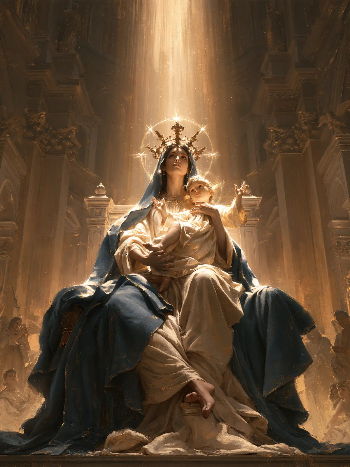 the Virgin Mary and the Child Jesus in a majestic composition in Sacred Monumental View style, portrait Christian artwork no. 27