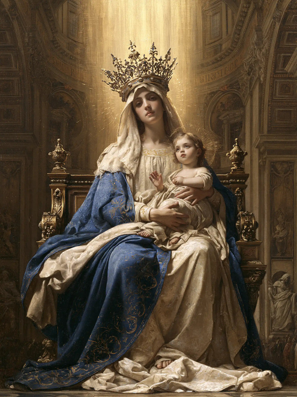 the Virgin Mary and the Child Jesus in a majestic composition in Sacred Monumental View style, portrait Christian artwork no. 28