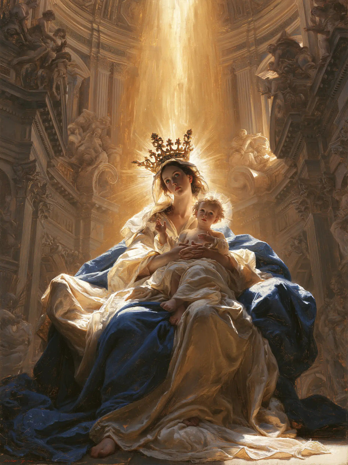the Virgin Mary and the Child Jesus in a majestic composition in Sacred Monumental View style, portrait Christian artwork no. 31