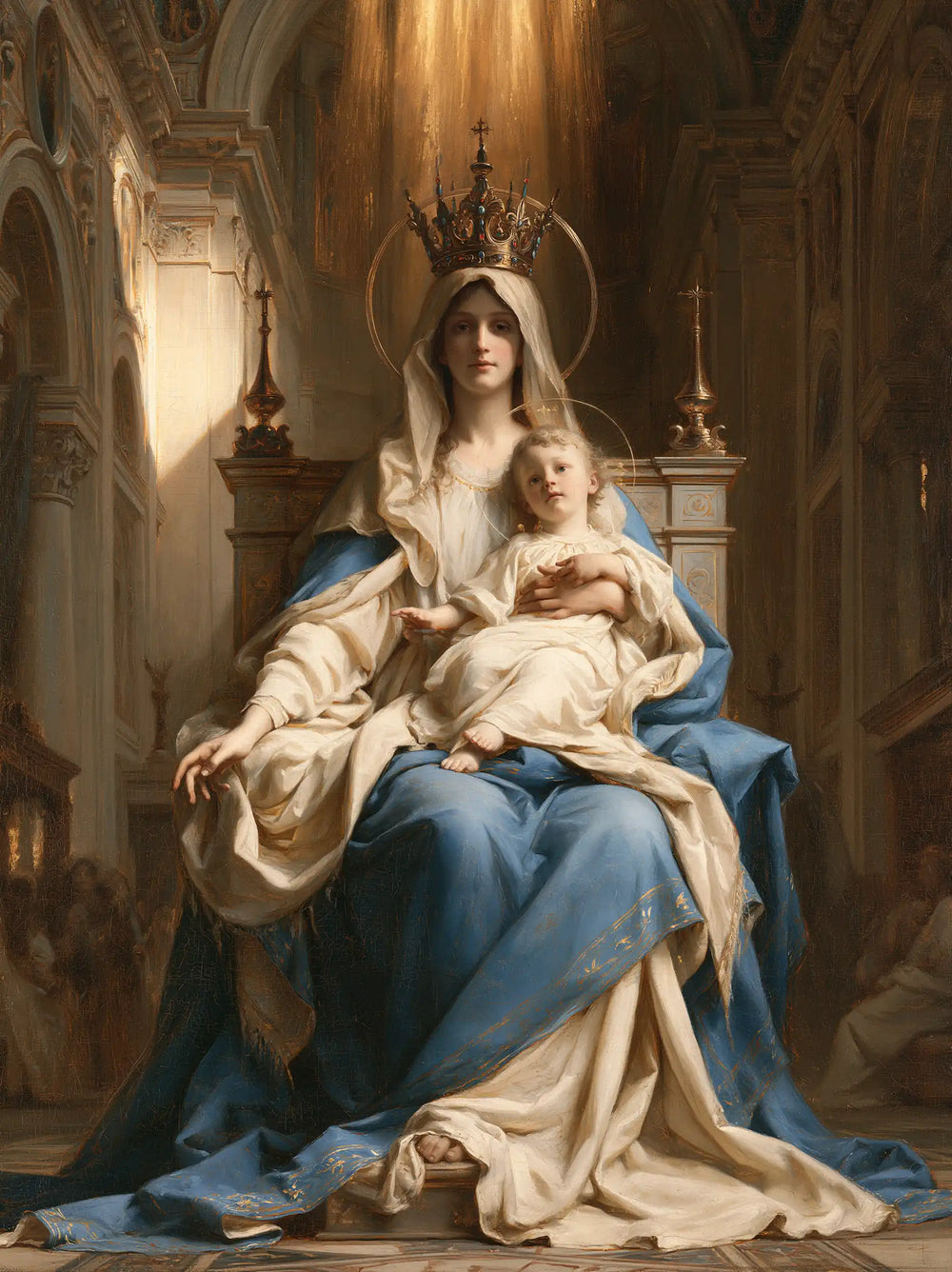 the Virgin Mary and the Child Jesus in a majestic composition in Sacred Monumental View style, portrait Christian artwork no. 36