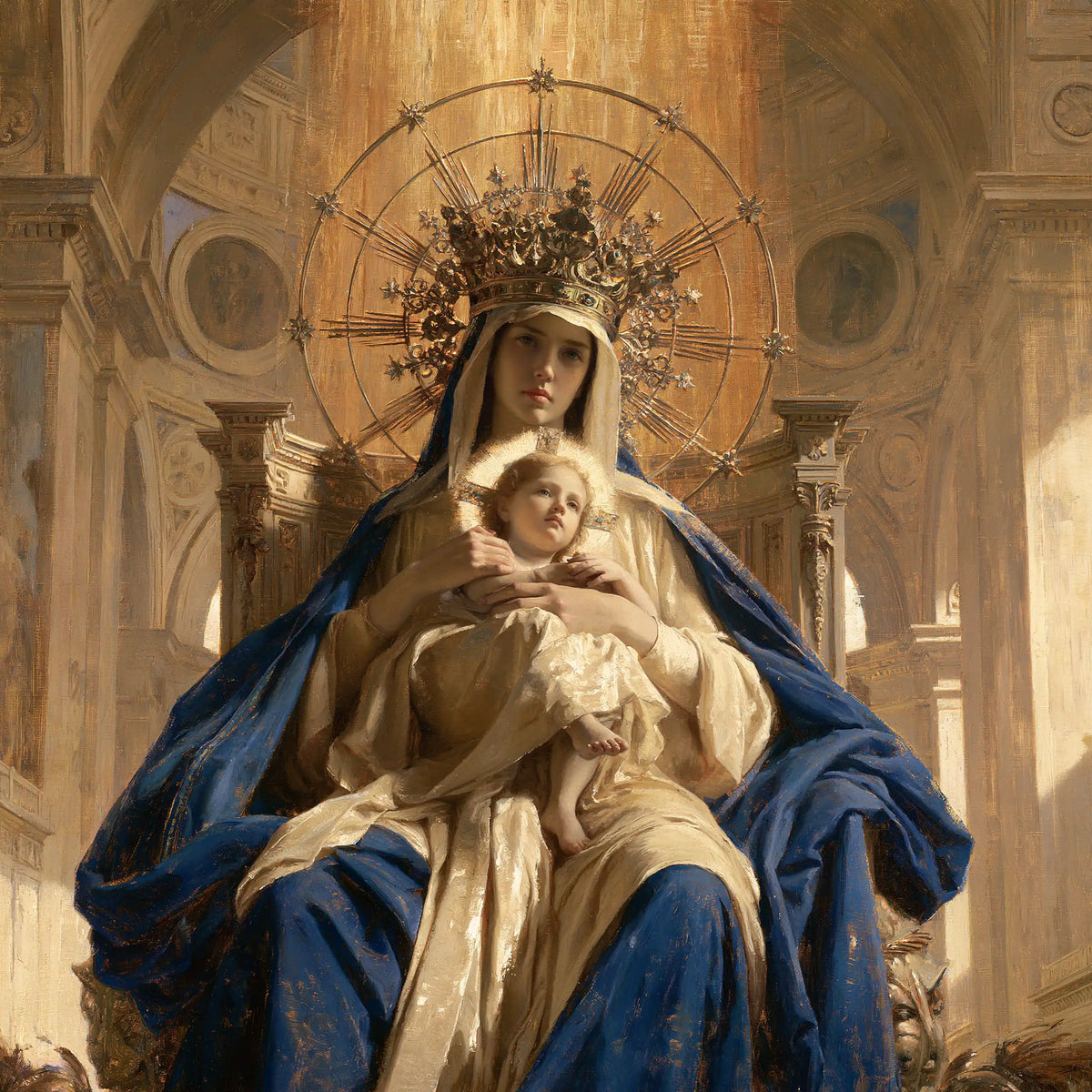 the Virgin Mary and the Child Jesus in a majestic composition in Sacred Monumental View style, square Christian artwork no. 3