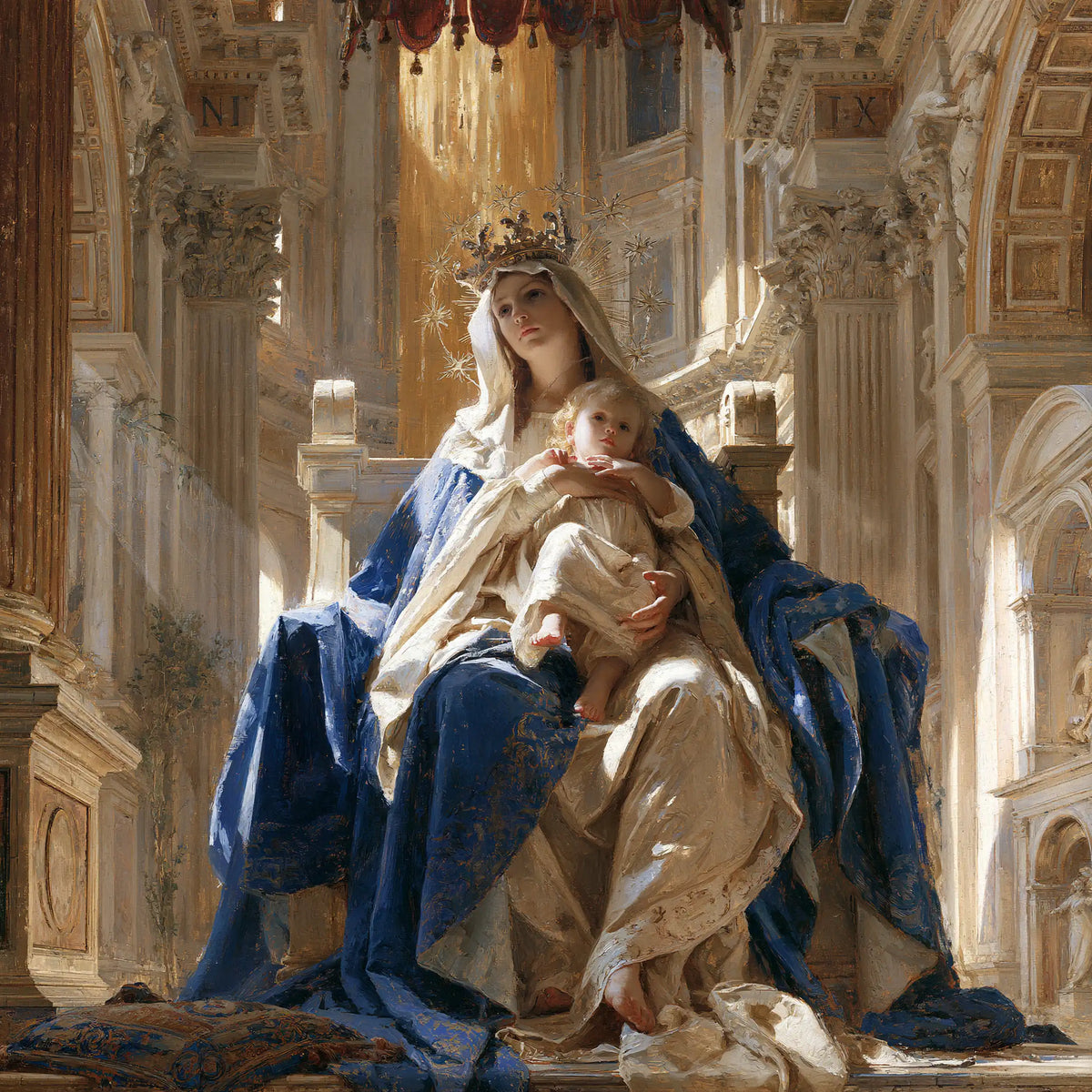 the Virgin Mary and the Child Jesus in a majestic composition in Sacred Monumental View style, square Christian artwork no. 9