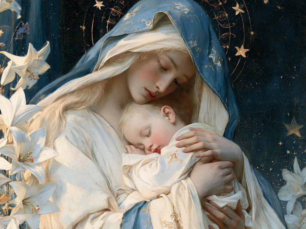the Virgin Mary and the Child Jesus in Symbolist style, landscape Christian artwork no. 1