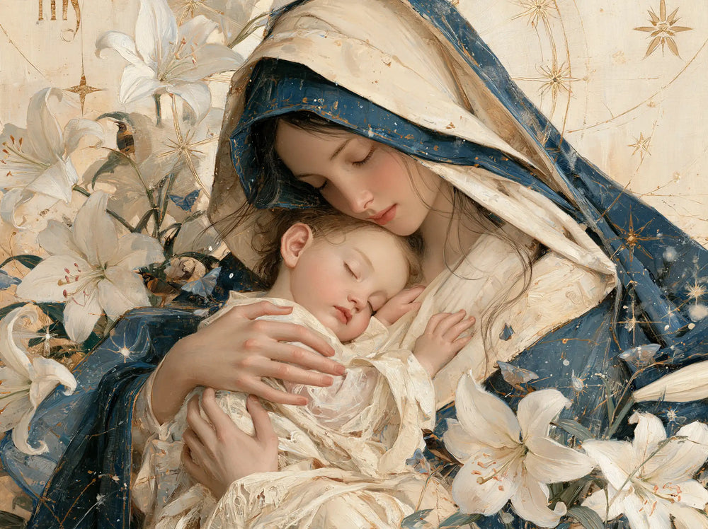the Virgin Mary and the Child Jesus in Symbolist style, landscape Christian artwork no. 2