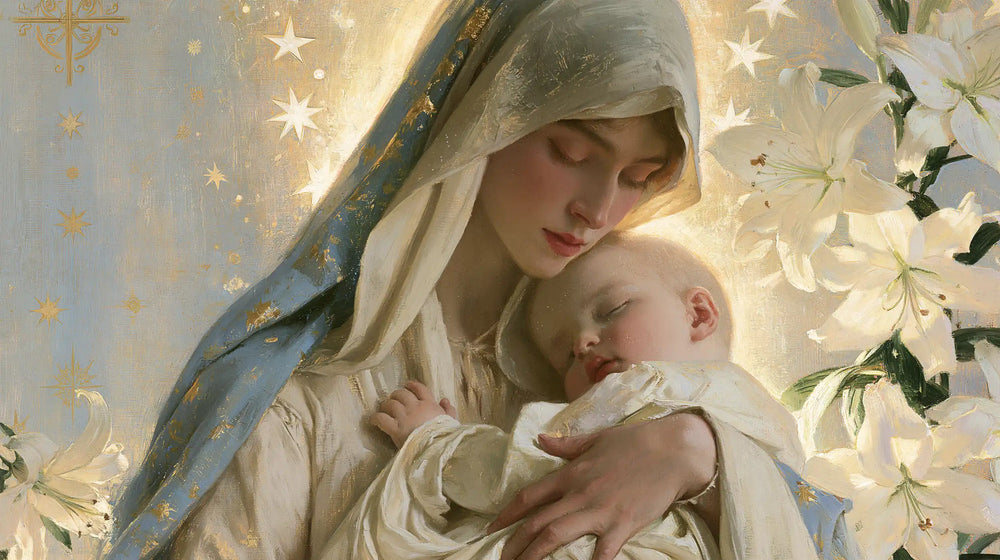 the Virgin Mary and the Child Jesus in Symbolist style, landscape Christian artwork no. 6