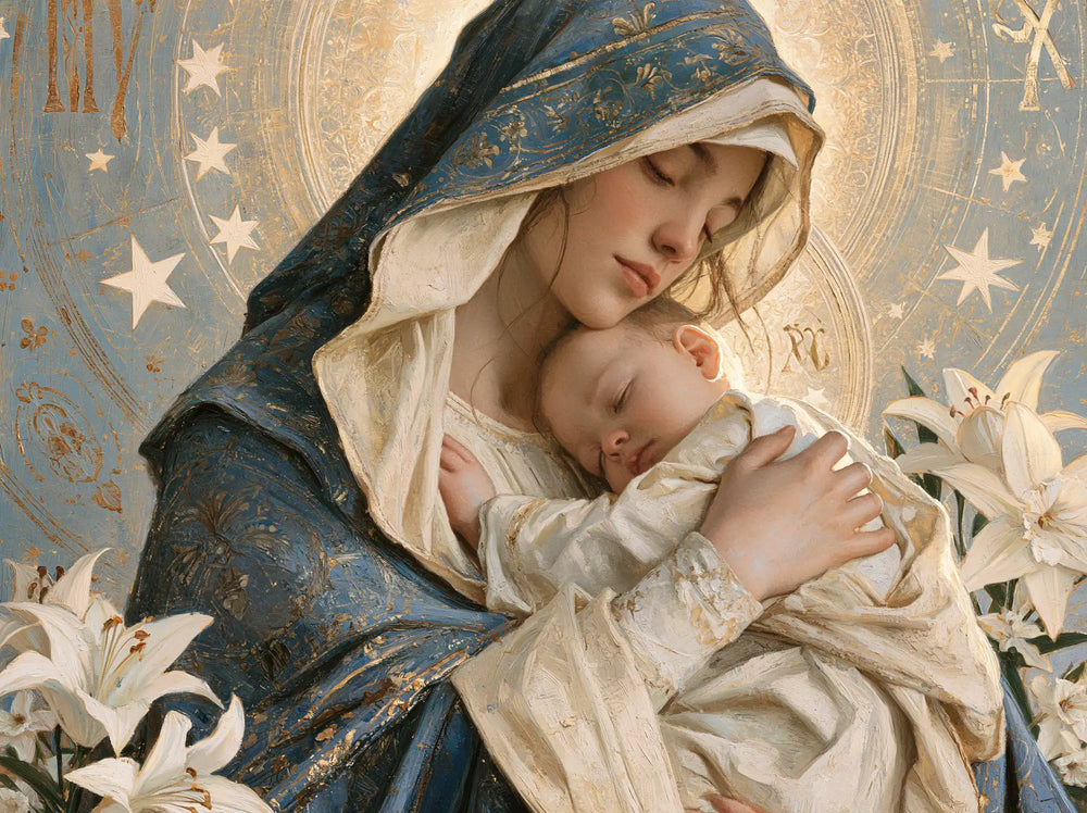 the Virgin Mary and the Child Jesus in Symbolist style, landscape Christian artwork no. 12